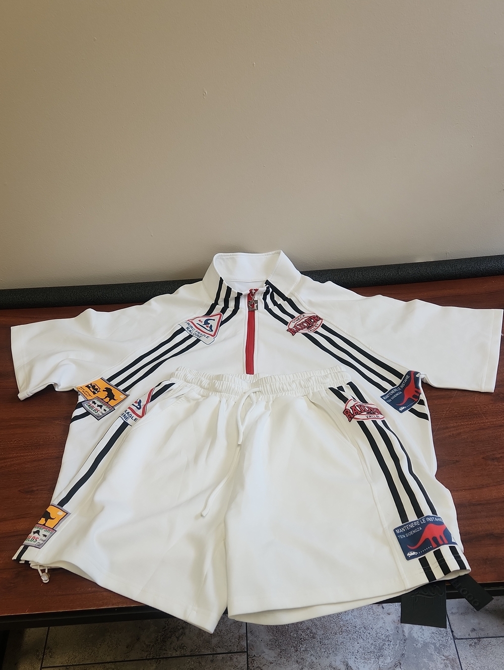 White Athletic 2pc Set Pullover/Shorts with Black Stripe Accents